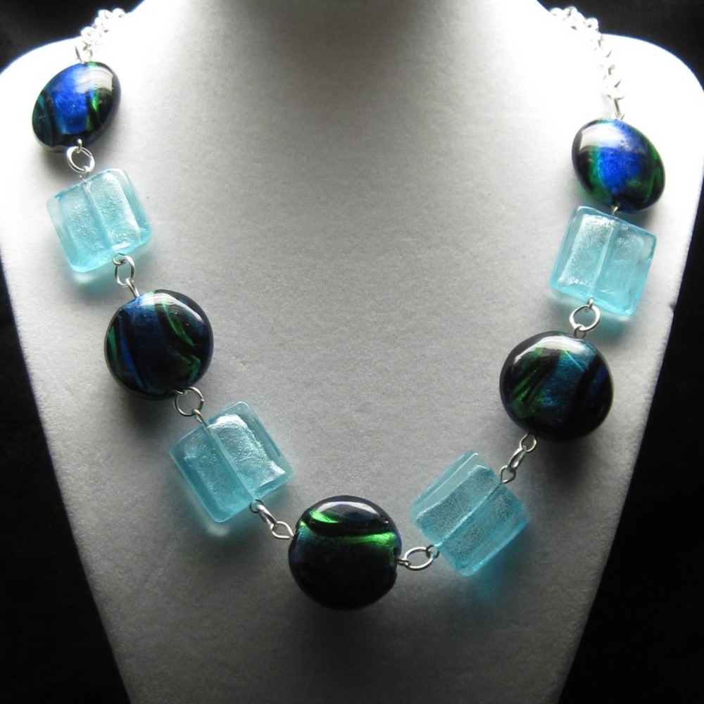 Blue foil glass beaded necklace - 29"